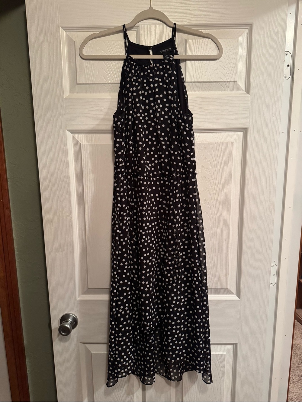 WHBM Sz 10 Black Polka Dot Hi-Lo Halter Maxi sress with ruffles